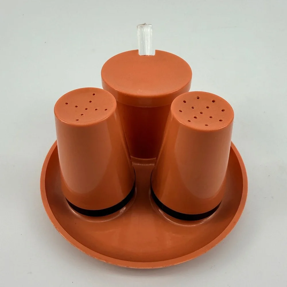 Retro Coral Pink‎ Plastic Condiment Caddy Salt Pepper Relish Jam Set 1970s